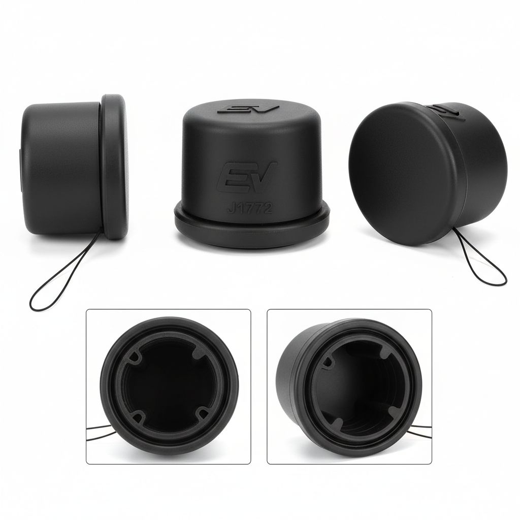 J1772 EV charging port dust cap black silicone protective cover on white background