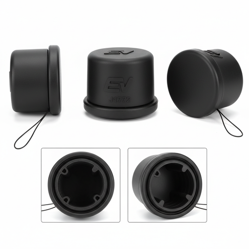 J1772 EV charging port dust cap black silicone protective cover on white background