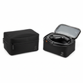 Black zippered EV charging cable organizer bag shown closed and open with coiled charging cable inside, on white background