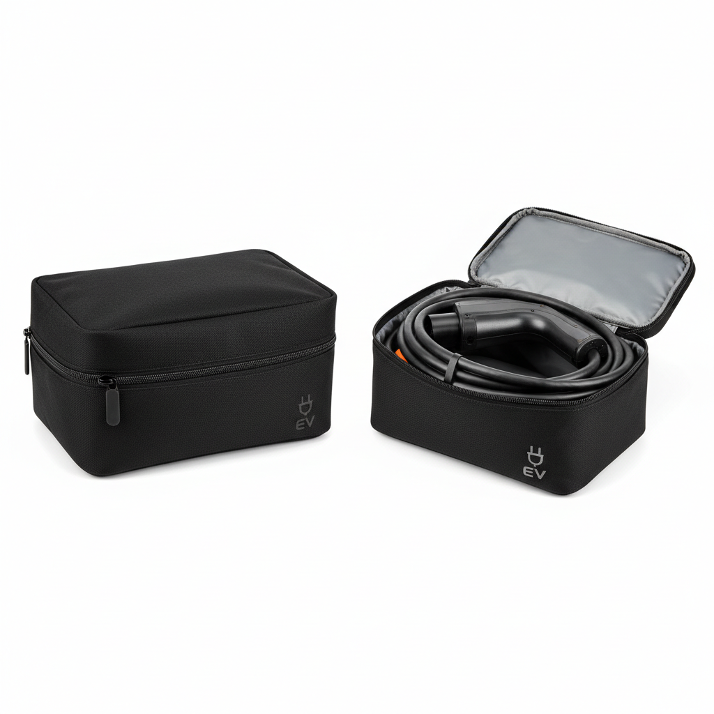 Black zippered EV charging cable organizer bag shown closed and open with coiled charging cable inside, on white background