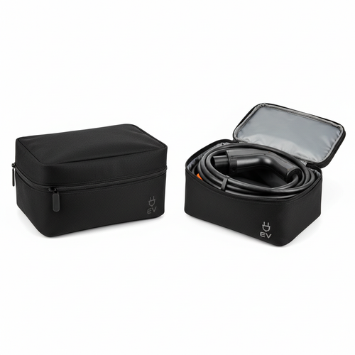 Black zippered EV charging cable organizer bag shown closed and open with coiled charging cable inside, on white background