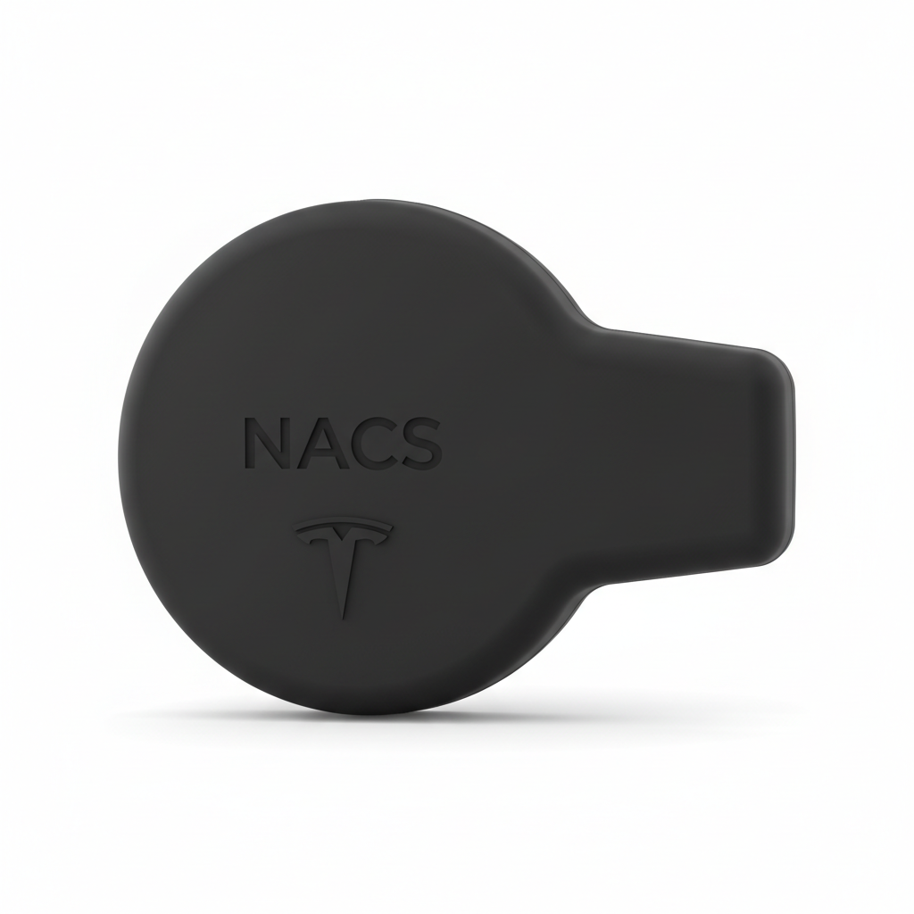 NACS charging port dust cap black silicone protective cover for Tesla and NACS EVs on white background