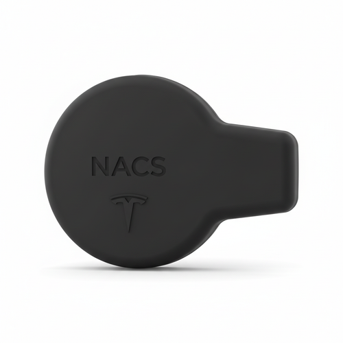 NACS charging port dust cap black silicone protective cover for Tesla and NACS EVs on white background
