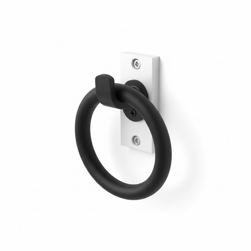 Heavy duty wall mounted hook for EV charging cable, black metal hook on white bracket, on white background